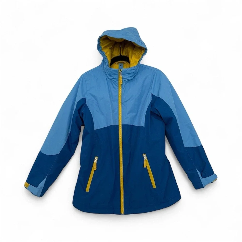 Lands' End Waterproof Jacket Kids XL 16 Blue Yellow Color-Block Hooded Insulated